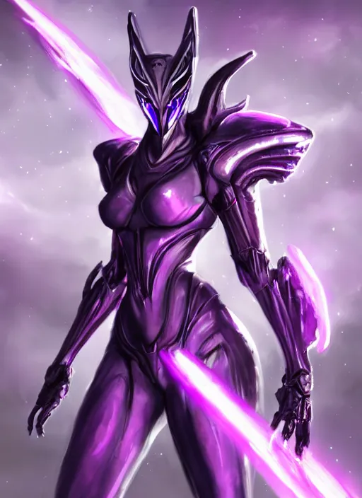 Image similar to cinematic close shot, galactic sized goddess, proportional stunning beautiful hot female warframe, sleek mecha female dragon head, metal ears, led purple eyes, smooth fuschia skin, sleek silver armor, floating in space, holding a galaxy, epic proportions, epic size, epic scale, furry art, dragon art, giantess art, warframe fanart, furaffinity, octane