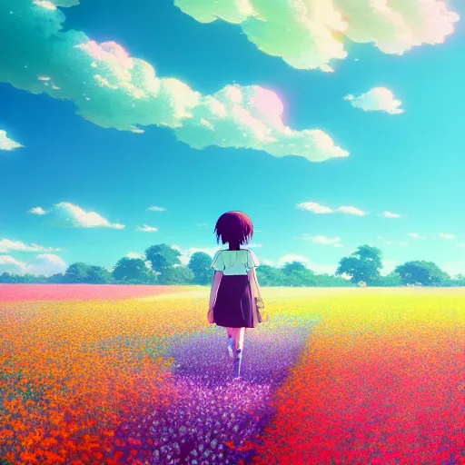 Image similar to a beautiful ultra - detailed panorama of a girl walking through a field of colorful flowers by beeple, studio ghibli, makoto shinkai, wallpaper, highly detailed, trending on artstation, anime