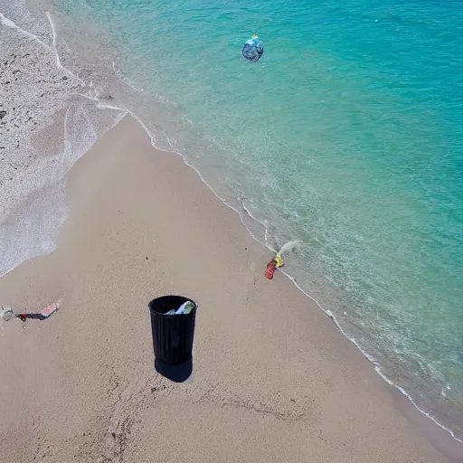 Prompt: a drone collecting trash on the beach