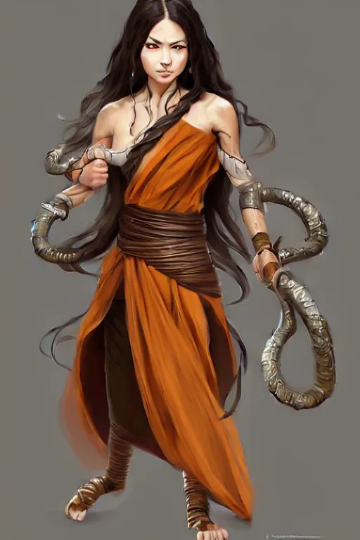 Image similar to a full body portrait of a gorgeous female monk, D&D, fighting stance, clenched fists, stylish dress, very long flowing dark hair, beautiful bone structure, intricate, elegant, stylish, cute slightly nerdy smile, fantasy, highly detailed, digital painting, artstation, concept art, smooth, sharp focus, illustration, art by artgerm and greg rutkowski and alphonse mucha