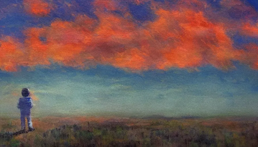 Image similar to a man placed a baby and looked under the burning clouds in the sky. 4 k rendering, impressionist painting style