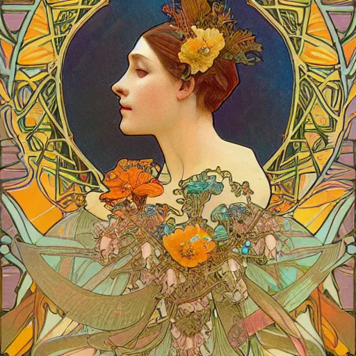 Prompt: ethereal nightingale bird made of fabric, Alphonse Mucha,Ganbrood William Morris,delicate,textured,ornate, complex detailed illustration,swirling,octane render,intricate detail,orange blue gold