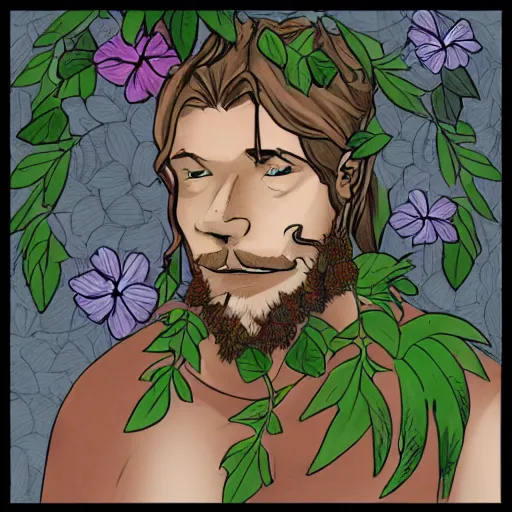 Image similar to male firbolg druid with vines and hibiscus flowers as hair simple drawing, comic style