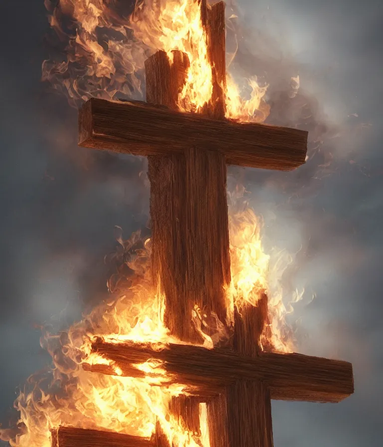 Image similar to a beautiful hyperrealistic detailed 3D render of a burning cross, by Anton Otto Fischer, Atey Ghailan, genzoman, unreal engine, octane render, gigantic, 3D, brilliantly coloured, intricate, ultra wide angle, trending on artstation, embers, smoke, dust, dusk, volumetric lighting, HDR, polished, micro details, ray tracing, 8k