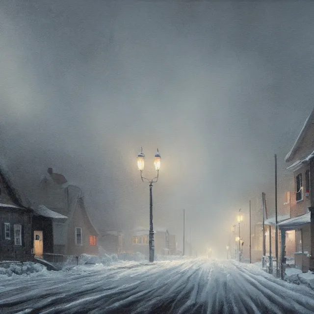 Image similar to a beautiful painting of a small new england town engulfed in a noreaster blizzard by rutkowski and rockwell, white out blizzard, horror concept art, detailed, art gallery quality, cinematic lighting