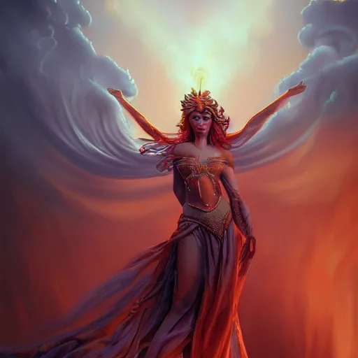 Prompt: matte fantasy painting of a beautiful goddess of fire wreathed in smoke and flames, painted by Brom, cinematic lighting, trending on Artstation, behance HD, bokeh