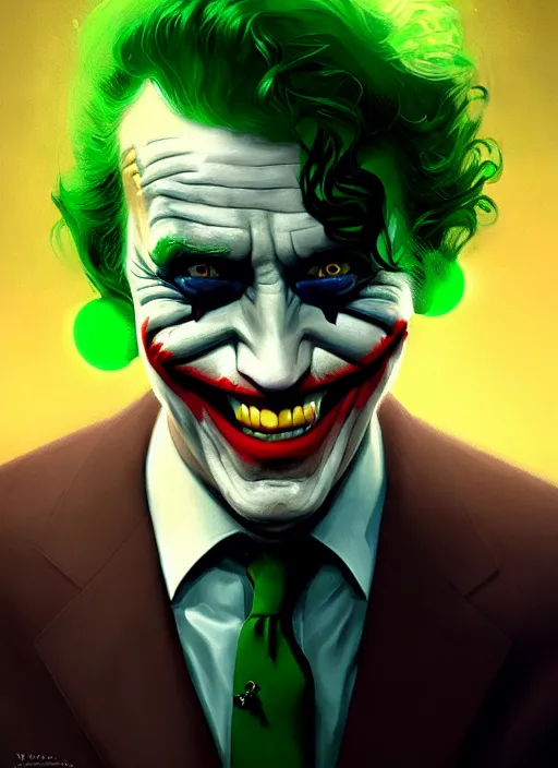 Image similar to portrait of joe biden as the joker, green hair, intricate, elegant, glowing lights, highly detailed, digital painting, artstation, concept art, sharp focus, illustration, art by wlop, mars ravelo and greg rutkowski