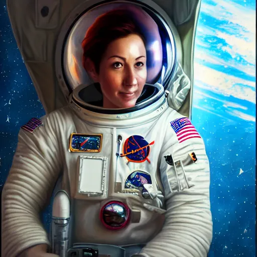 Prompt: a portrait of an intensely lit female astronaut in space station, red, oil painting, pale colors, high detail, 8 k, wide angle, trending on artstation,