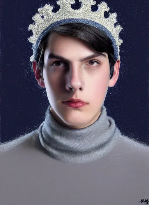 Image similar to portrait of teenage jughead jones wearing a light grey crown, crown, blue turtleneck, 1 9 5 0 s, closed eyes, photorealistic, black hair, glowing lighting, intricate, elegant, glowing lights, highly detailed, digital painting, artstation, concept art, smooth, sharp focus, illustration, art by wlop, mars ravelo and greg rutkowski