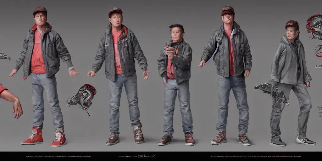 Image similar to marty mcfly, character sheet, concept design, contrast, hot toys, kim jung gi, greg rutkowski, zabrocki, karlkka, jayison devadas, trending on artstation, 8 k, ultra wide angle, pincushion lens effect