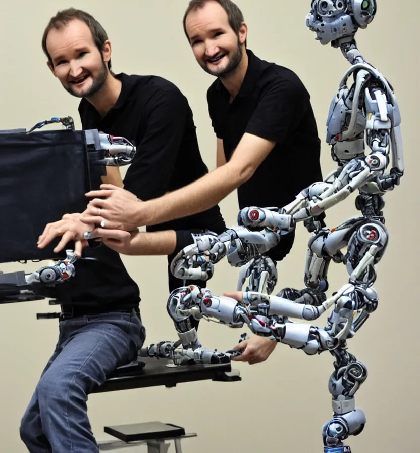 Prompt: Nick Vujicic with robotic arms and legs