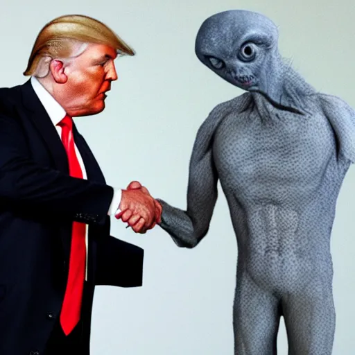 Prompt: press photo portrait of donald trump shaking hands with a grey alien