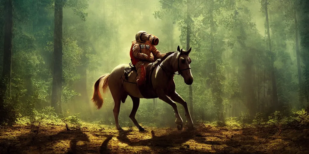 Image similar to american astronaut, riding a horse in a forest, plants environment, wide angle, cinematic lighting, atmospheric, realistic, octane render, highly detailed, color graded, in the style of craig mullins