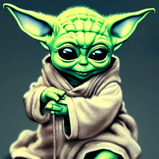 Image similar to illustration baby yoda sitting, simple cartoon style, by masamune shirow and greg rutkowski, character art, sharp focus, highly detailed, artstation