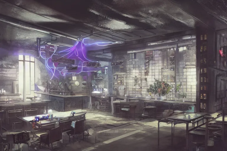 Image similar to Digital concept interior design in style of Hiromasa Ogura and Josan Gonzalez of cyberpunk tavern with stone walls and neon lights, a lot of electronics, many details. Natural white sunlight from the transperient roof. Rendered in VRAY and DaVinci Resolve and MAXWELL and LUMION 3D, Volumetric natural light