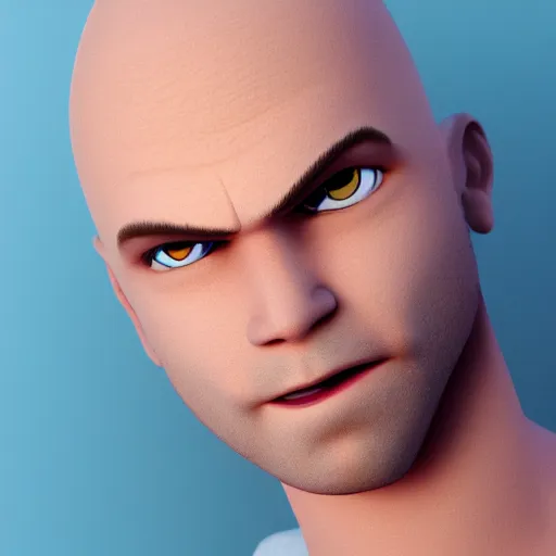 Prompt: handsome thin athletic white man with short buzzed thinning hair, facial stubble and blue eyes posing, depicted as a Pixar character, high quality cg render, 4k