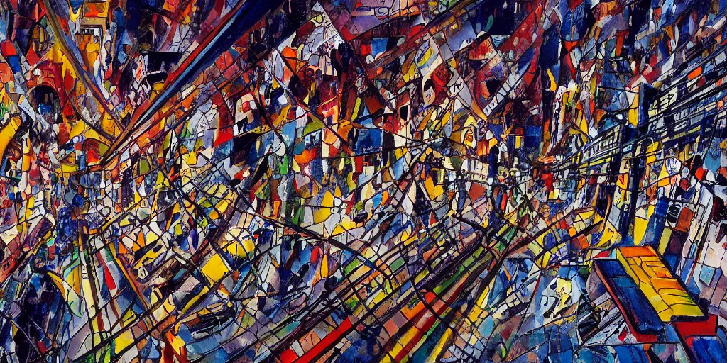 Prompt: cyborg running through a futuristic city, by jackson pollock and wassily kandinsky, 4 k resolution, vivid colors, extremely detailed, dripping technique, oil paint, depth