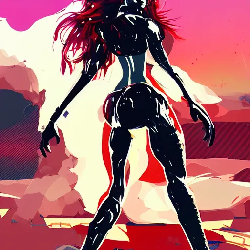 Image similar to cybertronic woman with scarlet red hair and curvacious body at the beach, yoji shinkawa influences, digital painting, synthwave, anime influences