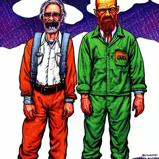 Image similar to The Artwork of R. Crumb and his Cheap Suit Breaking-Bad-Walter-White meth-lab, wearing a bio-hazard suit pencil and colored marker artwork, trailer-trash lifestyle