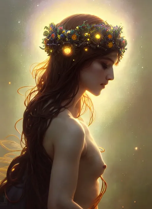 Image similar to a beautiful cinematic female druid goddess, flower Crown, galatic shamen with Quantum energy fantasy, fantasy magic, undercut hairstyle, dark light night, intricate, elegant, sharp focus, illustration, highly detailed, digital painting, concept art, matte, art by WLOP and Artgerm and Greg Rutkowski and Alphonse Mucha, masterpiece