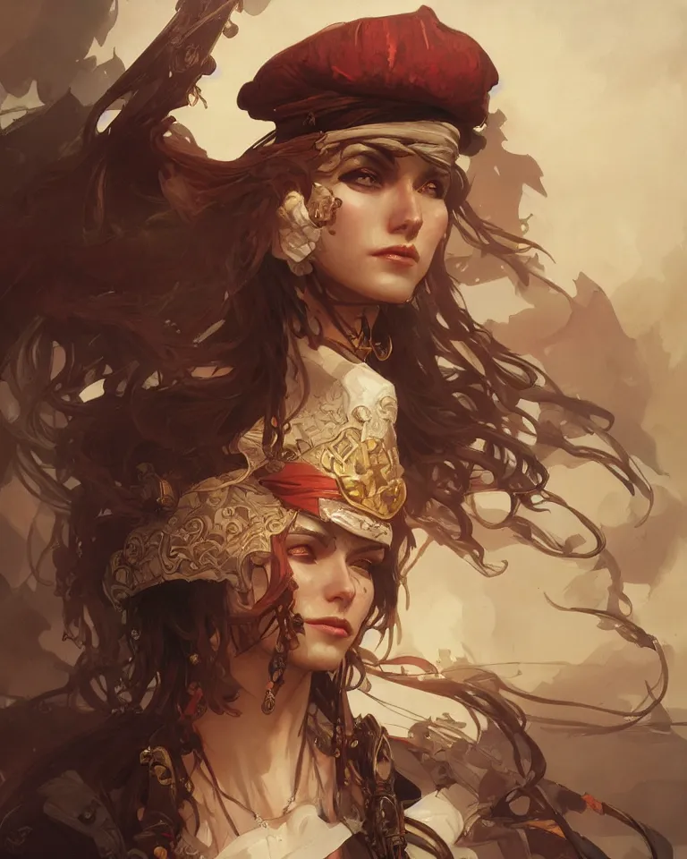 Image similar to Female pirate captain, intricate, elegant, highly detailed, digital painting, artstation, concept art, smooth, sharp focus, illustration, by Krenz Cushart and Artem Demura and alphonse mucha