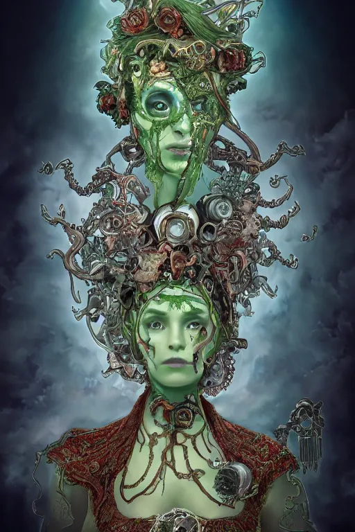Image similar to rococo upper body portrait sigil with the intent of conquering the world lovecraftian undead zombie queen, green hair, bytian zi and wlop and alphonse mucha biomechanical illuminated text ornaments and gems hdr 8 k 3 d dslr hdr trending on artstation rendered with cryengine