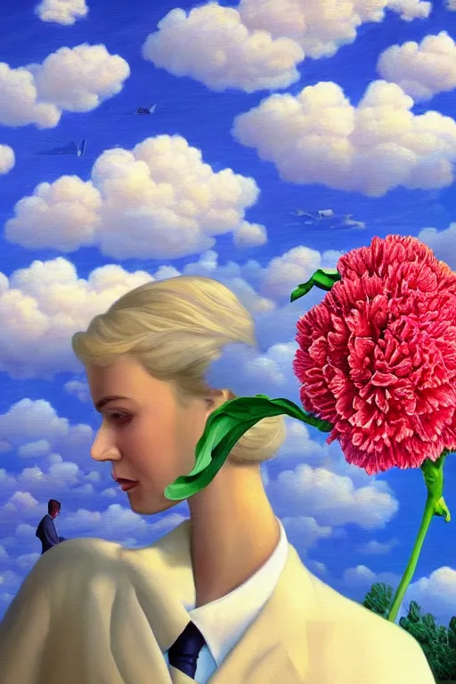 Image similar to closeup, giant carnation flower head, woman in suit, clouds in sky, surreal, impressionist painting, digital painting, artstation, rob gonsalves