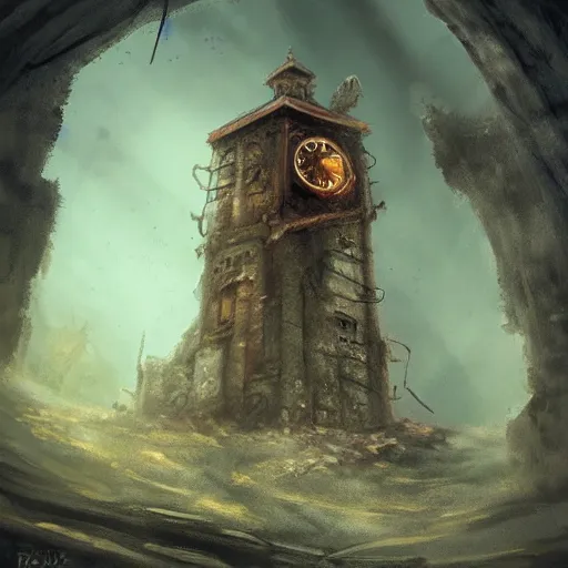 Image similar to an abandoned old,rusty, claimed by nature clock tower in a dark enormous cave, painting, illustration, Concept art, art station, DeviantArt