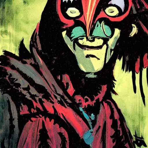 Image similar to dark shaman wearing Raven mask retro comic art by ashley wood , 4K post processing