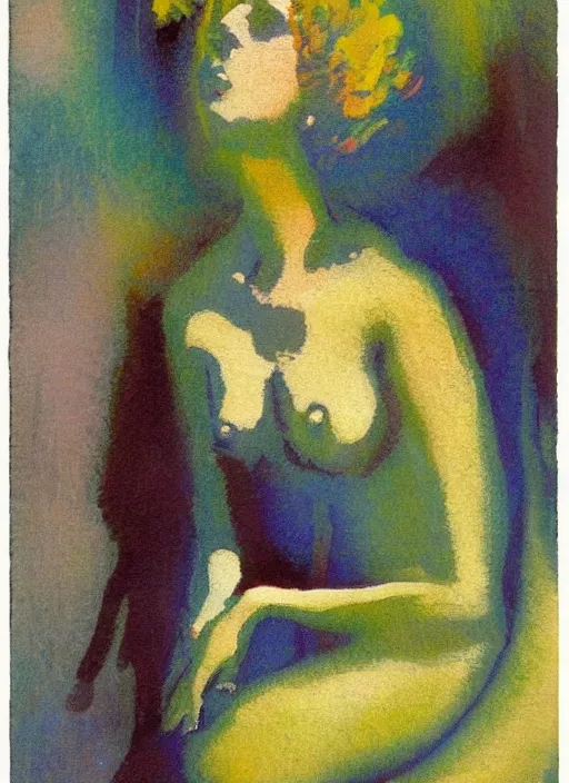 Prompt: an abstract portrait of a lady enshrouded in an impressionist representation of Mother Nature and the meaning of life by Igor Scherbakov, abstract, thick visible brush strokes, figure painting by Anthony Cudahy and Rae Klein, vintage postcard illustration, minimalist cover art by Mitchell Hooks