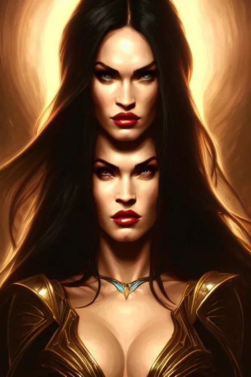 Image similar to portrait of megan fox as liliana vess, magic the gathering, intricate, headshot, highly detailed, digital painting, artstation, concept art, sharp focus, cinematic lighting, illustration, art by artgerm and greg rutkowski, alphonse mucha, cgsociety