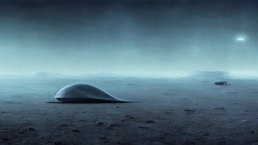 Image similar to movie still of a mysterious spaceship on a distant planet, directed by Denis Villeneuve, with art direction by Zdzisław Beksiński, wide lens