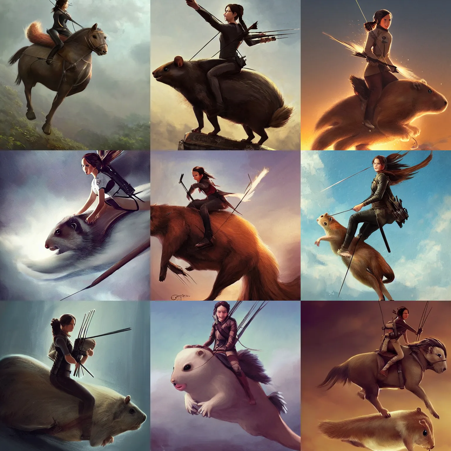 Prompt: katniss everdeen riding on the back of a giant hamster, digital art by greg rutkowski