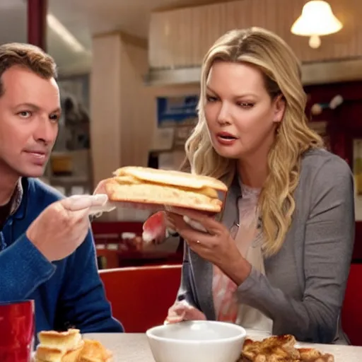 Image similar to catherine heigl and tenth is khan eating sandwiches at a diner, ultrarealistic, photorealistic, 8 k, ultra hd