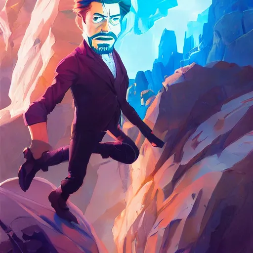 Image similar to tony stark wearing vr goggles and a big beard, by jesper ejsing, by rhads, makoto shinkai and lois van baarle, ilya kuvshinov, rossdraws global illumination