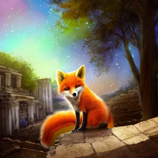 Prompt: A beautiful small fox in the huge ruins of the second temple in Jerusalem :: Dreamy sky :: The third temple hovers quietly in the sky above :: Very colorful painting 8k trending on art station :: Intricate details, very realistic, cinematic lighting, volumetric lighting, photographic blur bokeh defocus dof sky. -W 1024 -H 512 -n 9 -S 150 -C 15