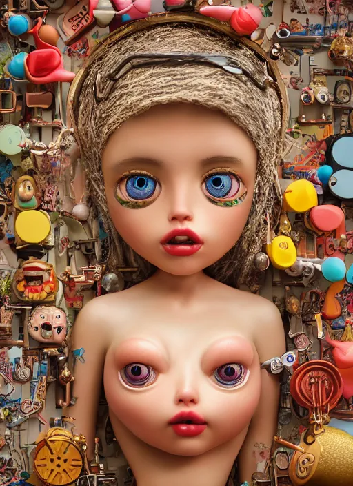 Image similar to closeup portrait of tin toy eskomo bikini swim champ girl trap, depth of field, zeiss lens, detailed, symmetrical, centered, fashion photoshoot, by nicoletta ceccoli, mark ryden, lostfish, breathtaking, 8 k resolution, extremely detailed, beautiful, establishing shot, artistic, hyperrealistic, octane render