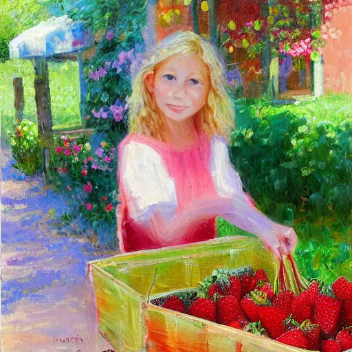 Image similar to Cute Blonde Girl 21 years old with locks sells Strawberries in a fruit stand, oil on canvas, Impressionism