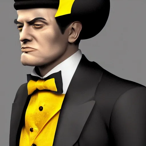 Image similar to a highly detailed portrait of a man in a high top hat covering his face, in a black tailcoat with a yellow waistcoat under the tailcoat, artstation, deviantart, professional, unreal engine 5, photorealistic