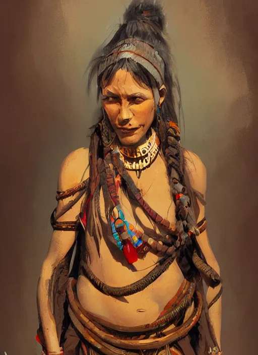 Image similar to A painting of a tribal woman trending on artstation in the style of Greg Rutkowski