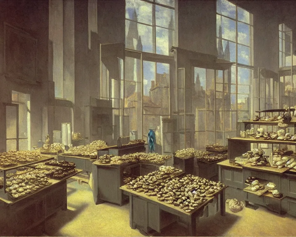 Image similar to achingly beautiful painting of a sophisticated, well - decorated bakery kitchen by rene magritte, monet, and turner. piranesi.