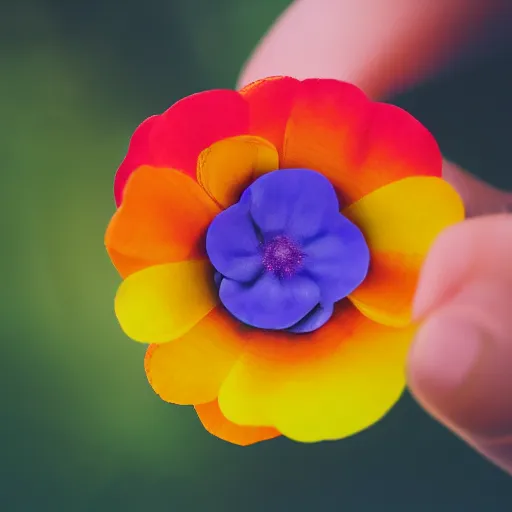 Image similar to closeup photo of rainbow - colored flower with 7 petals, held by hand, shallow depth of field, cinematic, 8 0 mm, f 1. 8