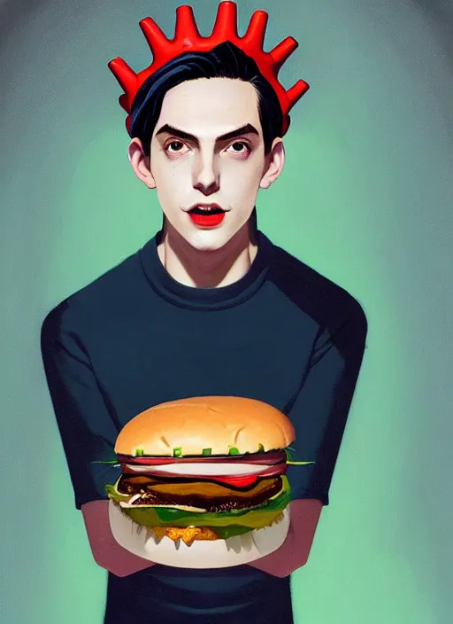 Image similar to portrait of jughead jones, eating a hamburger, wearing a crown, eyes closed, intricate, elegant, glowing lights, highly detailed, digital painting, artstation, concept art, smooth, sharp focus, illustration, art by wlop, mars ravelo and greg rutkowski