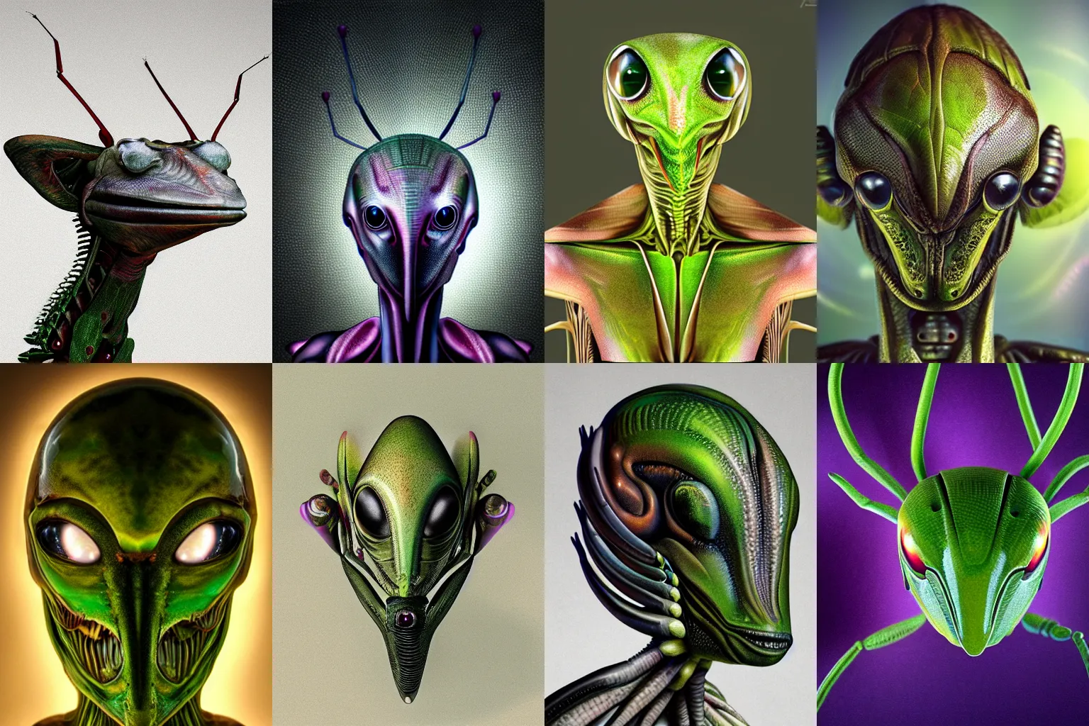 Prompt: organic alien in the form of mantis head, fullbody, hyperrealism, realistic photo, ultra detailed, surreal, heavy, technology, symmetrical front, dramatic lights, space parasite, frightening