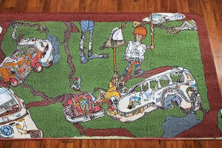 Prompt: an elaborate kids road map carpet rug, detailed, made of alcohol ink on parchment and penned illustrations, by wes anderson and geoff darrow!!!!!