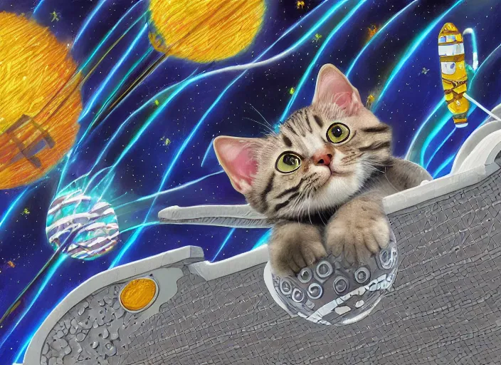 Image similar to coloring book drawing of an astronaut kitten from a musical sparkly digital space opera, Animated film, volumetric lighting, octane render, directed by wes anderson, Vladimir kush, m.c Escher