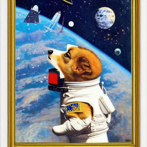 Image similar to corgi astronaut in space, beautiful painting by norman rockwell