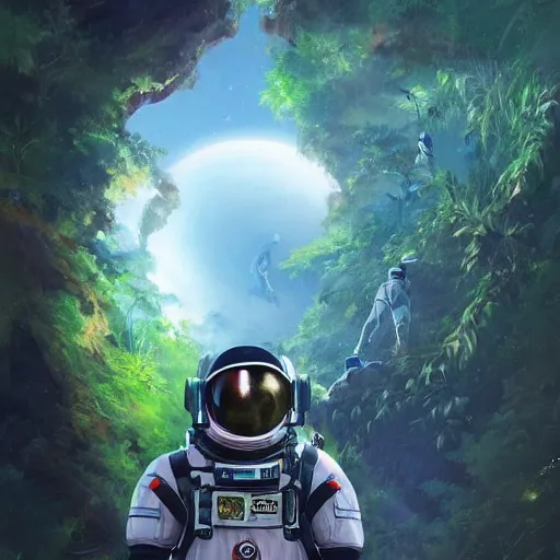 Image similar to view of a future cosmonaut with helmet having cybernetics and wirings exploring a jungle, trending on artstation, art by rossdraws and greg rutkowski, global illumination