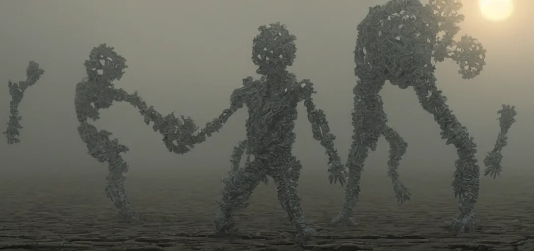 Image similar to a complex organic fractal 3 d metallic symbiotic ceramic humanoid megastructure creature in a suburban neighborhood, foggy, cinematic shot, photo still from movie by denis villeneuve, wayne barlowe