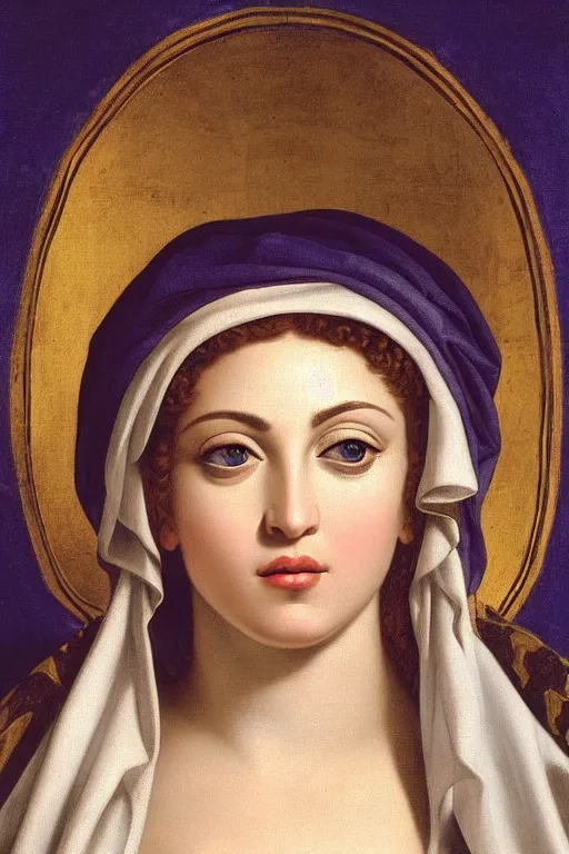 Image similar to Madonna, face closeup, dressed in roman clothes, ultra detailed, art by Guido Reni style